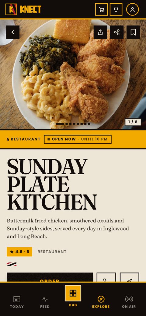 A restaurant page on Knect with an order button